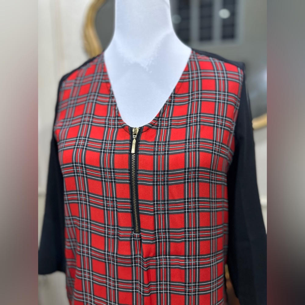 Express Top Small Red Plaid Zip‎ Front 3/4 Sleeve Career Office - Picture 2 of 9